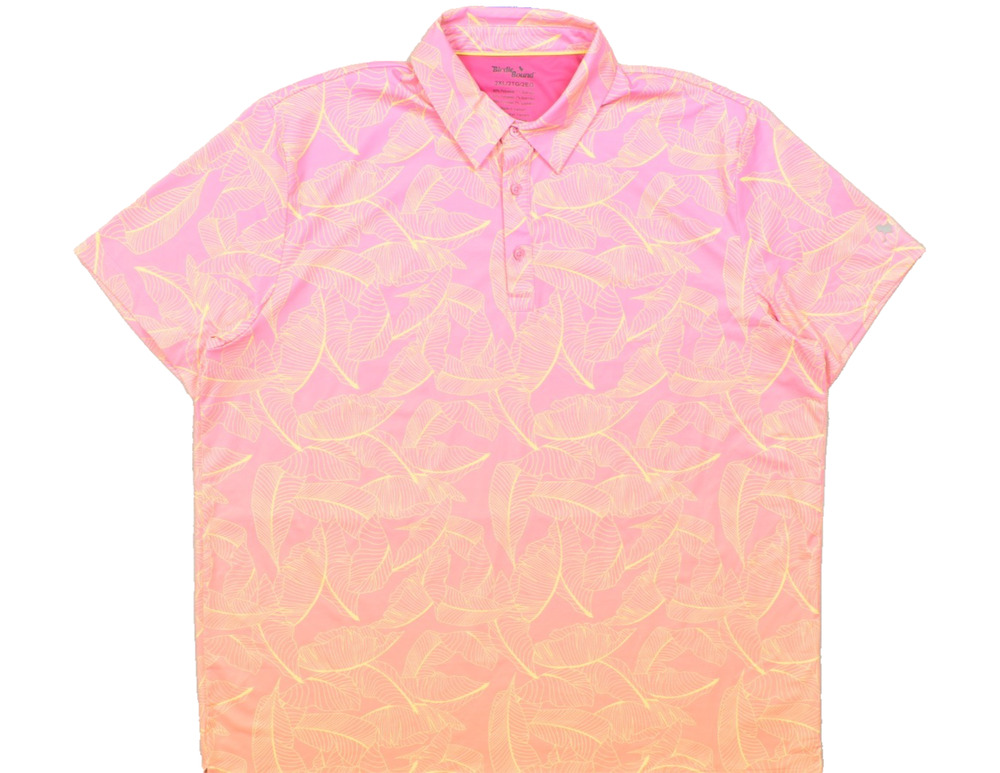 Birdie Bound Men's 2XL Polo Shirt Pink Orange Ombre Tropical Leaf Performance Go